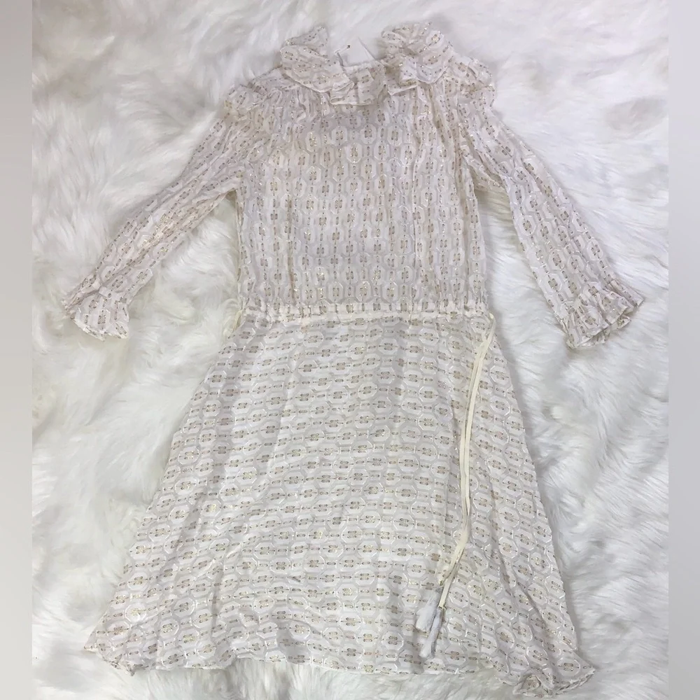 NWT Tory Burch Jasmine Ivory Metallic Tie Waist Long Sleeve Midi Dress